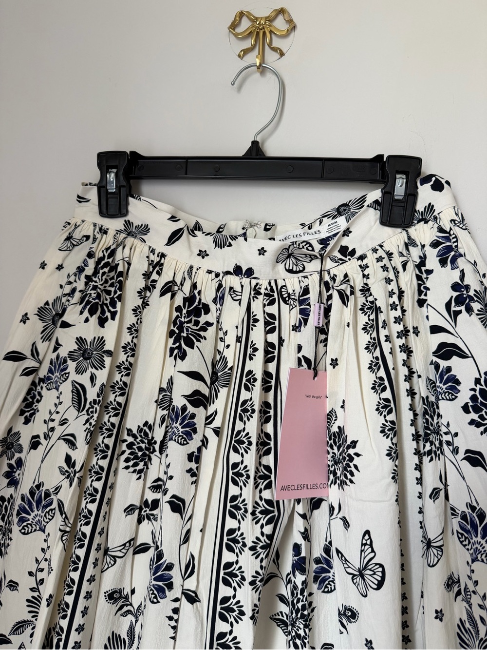 Avec Les Filles Black & cream Floral cotton Midi A-line flare Skirt - Picture 4 of 6